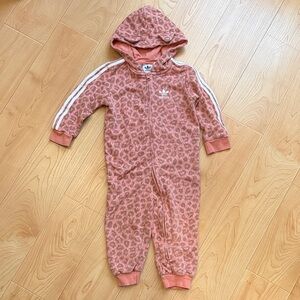Adidas Baby Pink Leopard Print Hooded Bodysuit Onesie w/ ears Size 12-18 months